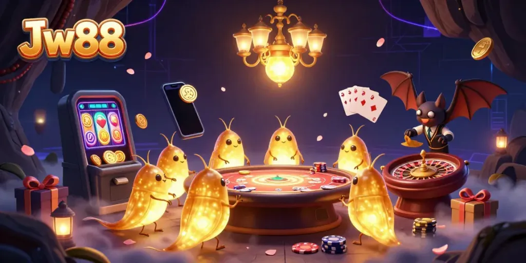 Engage with the thrilling glowworm-lit atmosphere of Jw88's cave casino, showcasing vibrant gaming elements.