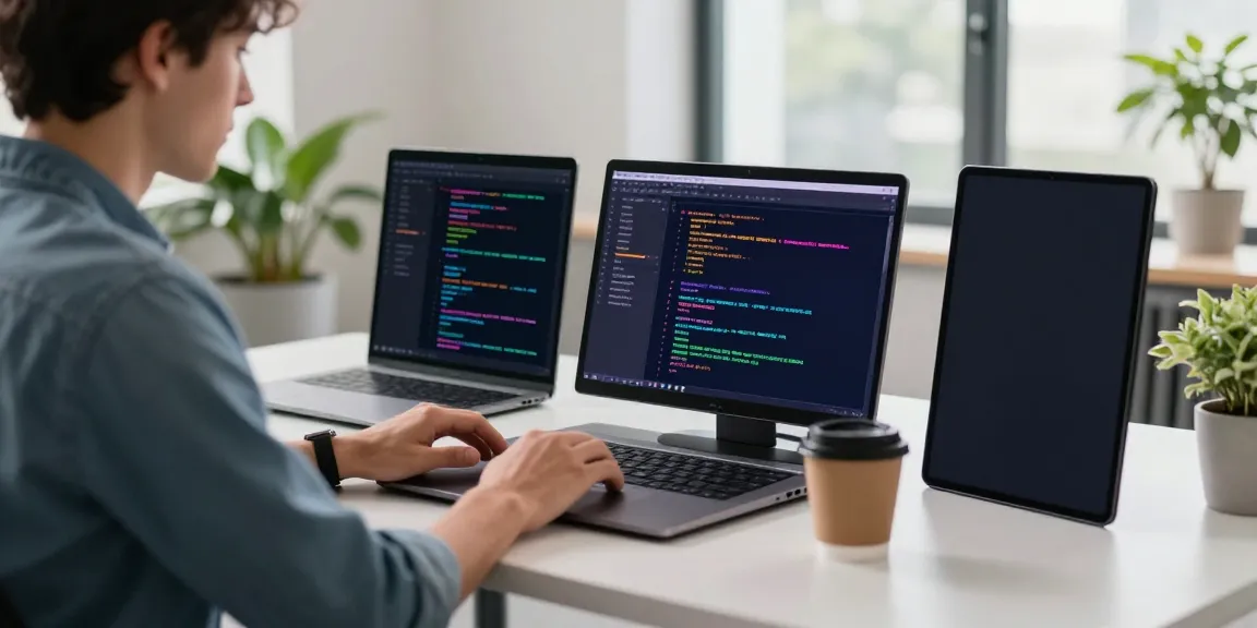 Developer enhancing gb whatsapp features in a modern tech workspace, showcasing coding on dual monitors.