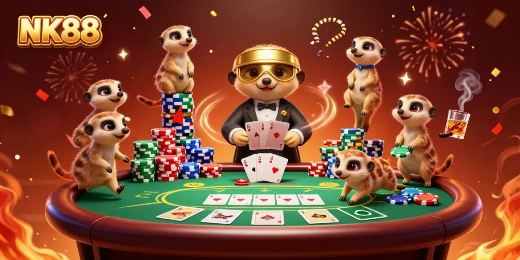 Engage in casino excitement with NK88's meerkat characters and lively gambling elements.