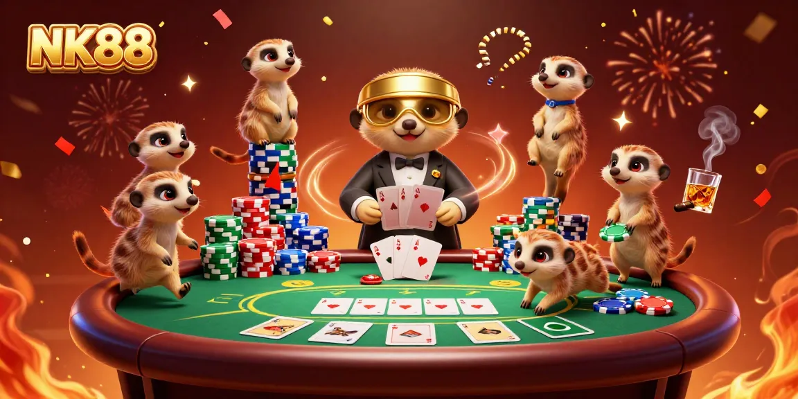 Engage in casino excitement with NK88's meerkat characters and lively gambling elements.