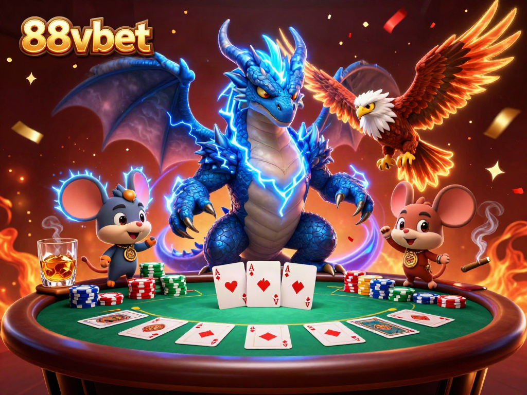 Experience the thrill of 88vbet with animated characters and poker elements in a vibrant casino setting.
