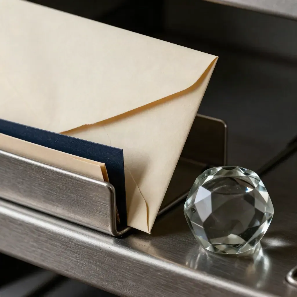 Cream envelope jammed in metal inbox trays with a paperweight on brushed steel, side-on macro.