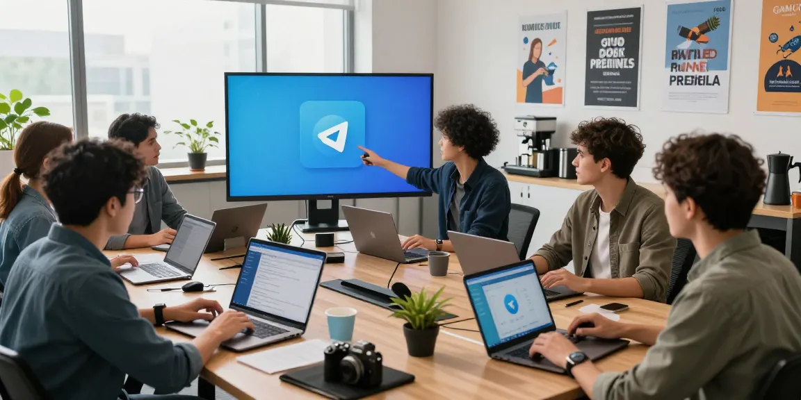 Team collaborating on Telegram Download strategies in a modern office setting.