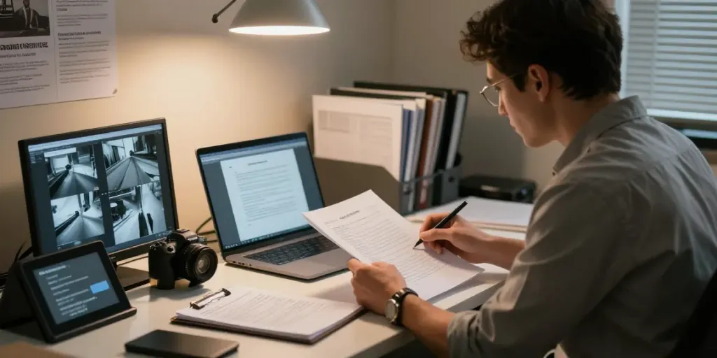Investigator analyzing case files with legal documents at https://goodtam.com in a focused office environment.