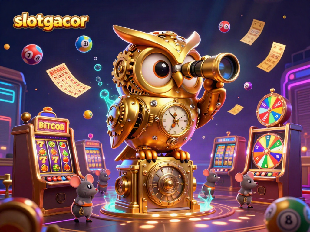 Engage with slotgacor in a vibrant casino scene featuring a golden owl and lively game elements.