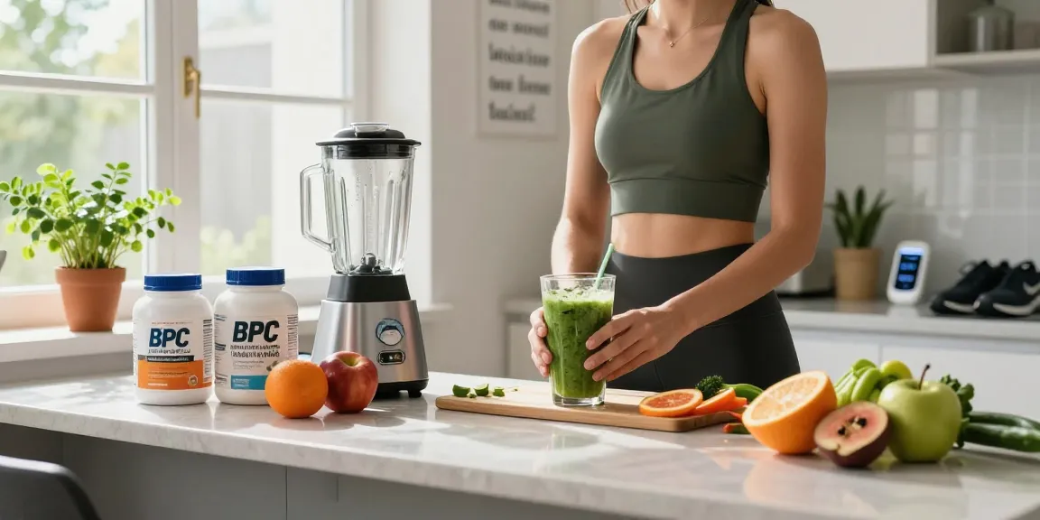 BPC supplements highlighted in a vibrant kitchen scene with fresh ingredients and healthy lifestyle elements